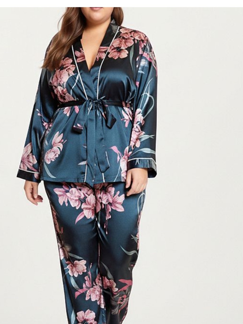 Kohl's Teal Satin Floral Pajama Set with Pink Blossoms